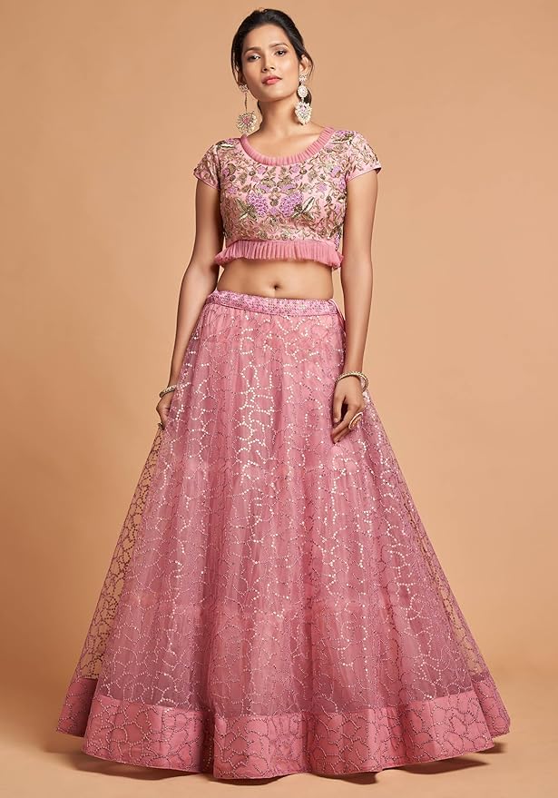 Indian Women's Soft Net Threads Embroidery Work Lehenga Choli With Dupatta-NE2