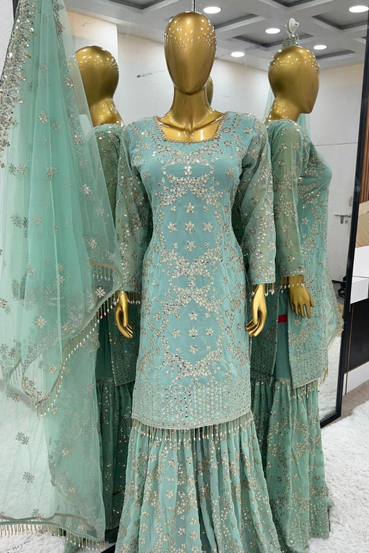 Sharara Collection Faux Georgette Top-Bottom And Dupatta Set Fully Stitched - Noirella Designs