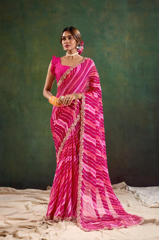 Printed Leheria Chiffon Saree - Noirella Designs