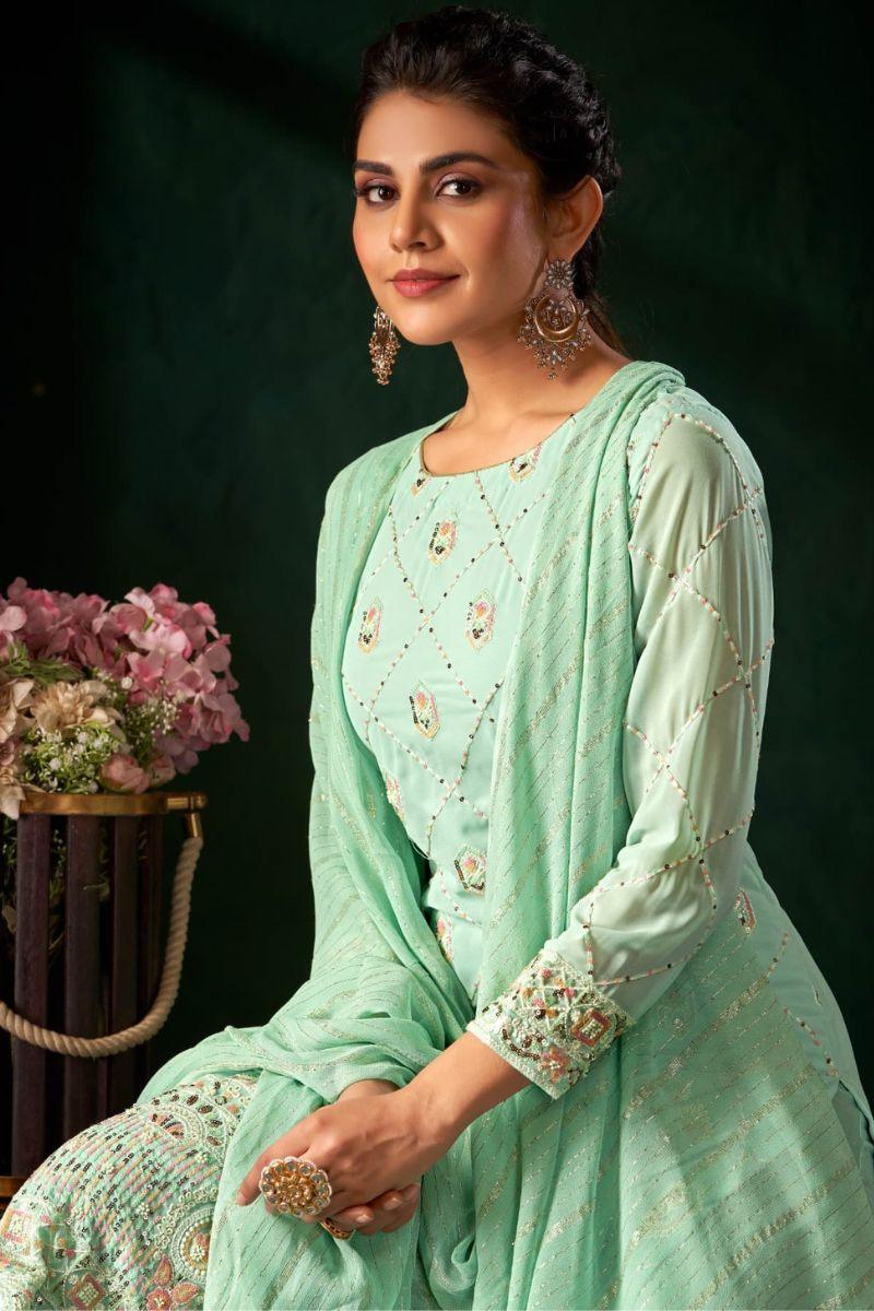 Peach Georgette Salwar Suit With Embroidered And Sequins Work For Ceremonial - Noirella Designs