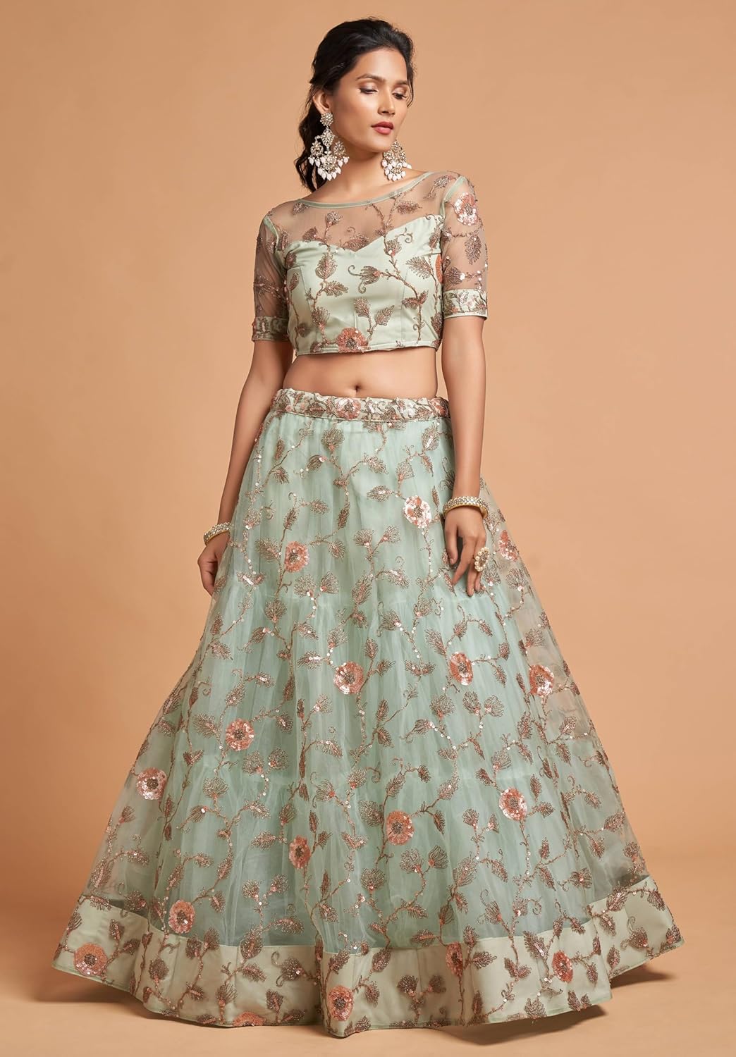 Indian Women's Soft Net Threads Embroidery Work Lehenga Choli With Dupatta-NE2