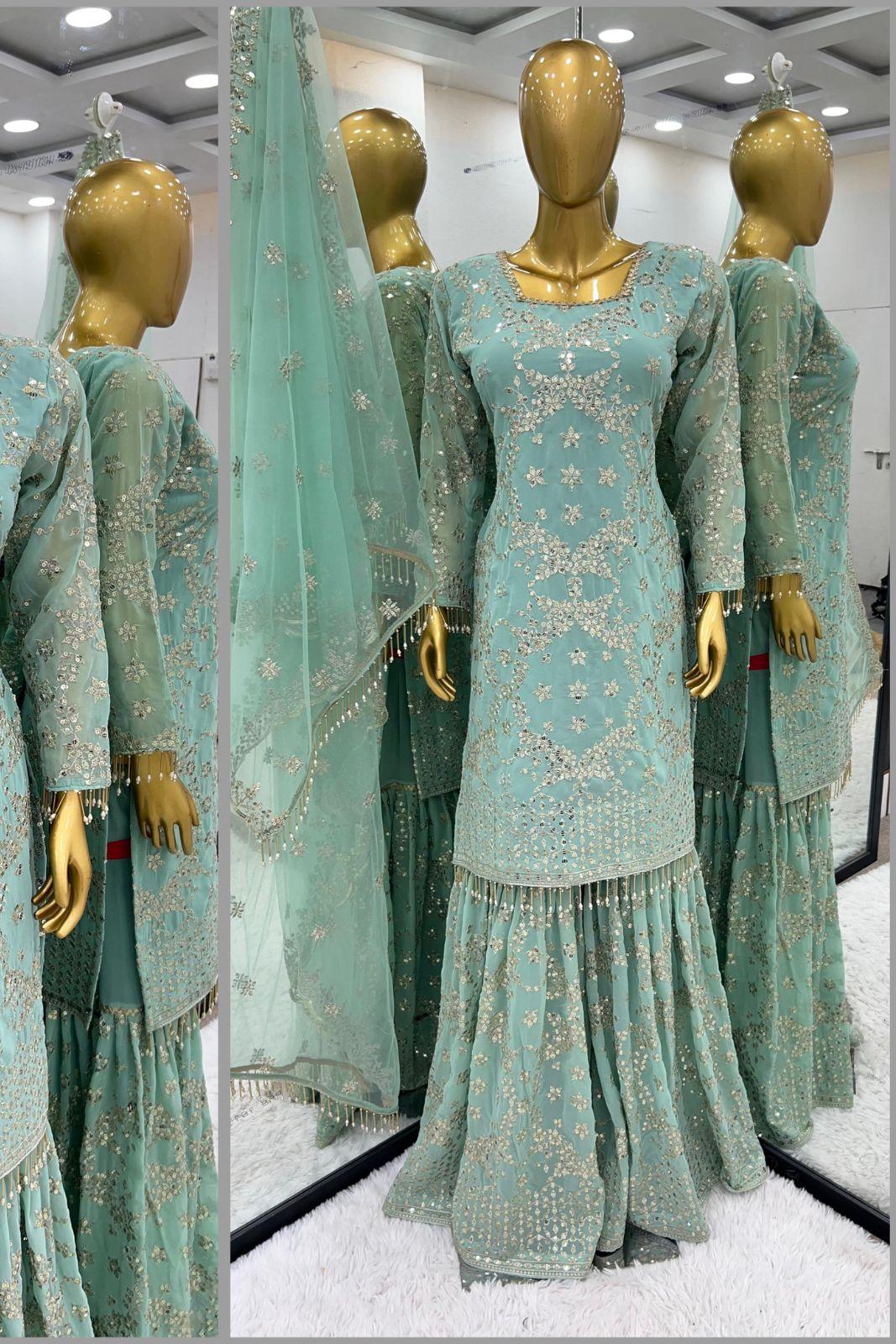 Sharara Collection Faux Georgette Top-Bottom And Dupatta Set Fully Stitched - Noirella Designs