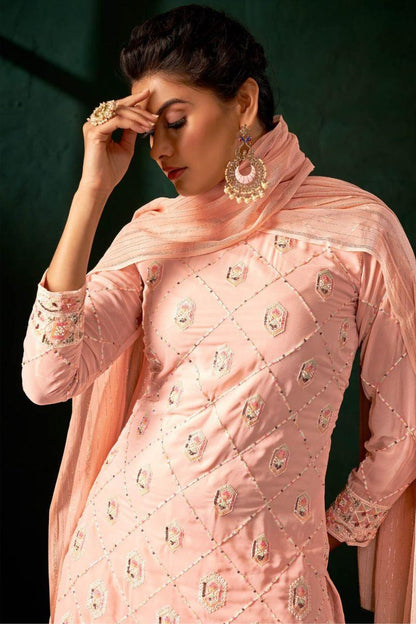 Peach Georgette Salwar Suit With Embroidered And Sequins Work For Ceremonial - Noirella Designs