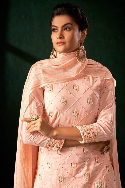 Peach Georgette Salwar Suit With Embroidered And Sequins Work For Ceremonial - Noirella Designs